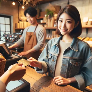 auPAYカードでVisaとMasterのどっちがいいかを考えている女性