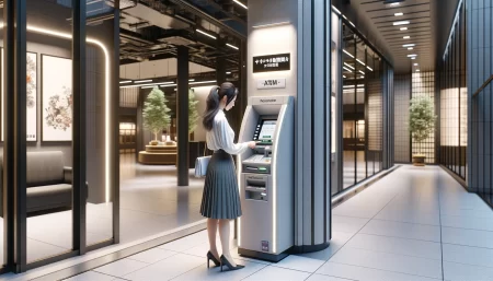 払込取扱票をコンビニでバーコードなしの支払いをしている女性の画像