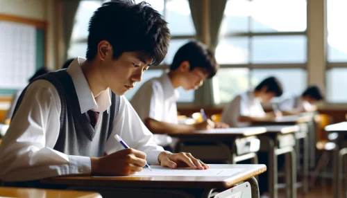 実力テストで400点取る方法を考えている男子中学生