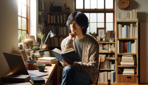 ブックオフで売らない方がいいかを考えている男性の画像