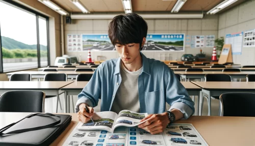 仮免学科試験が効果測定より簡単かを考えている男性