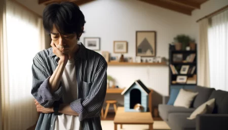 ペットロスで落ち込んでいる男性の画像