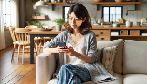 リンゴ1個のカロリーはの削除方法を調べている女性の画像