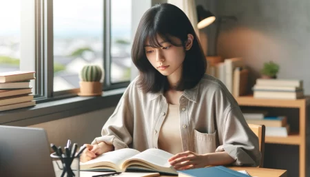 四谷学院の教材で勉強している女子学生