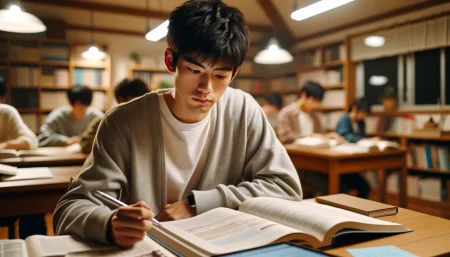 四谷学院で勉強している男子学生