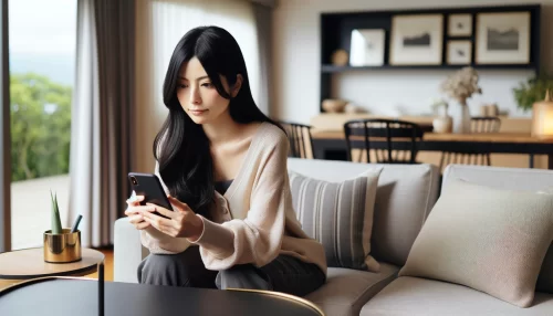 電子問屋がなぜ安いのかを調べている女性