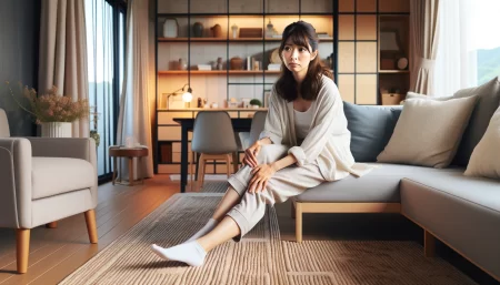 足リラシートと休足時間はどっちがいいか調べている女性