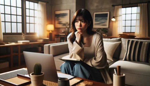 プレミア株式会社のローンの評判を調べている女性