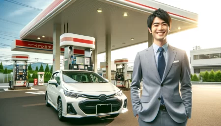 ガソリンスタンドでセルフ洗車を行う男性の画像