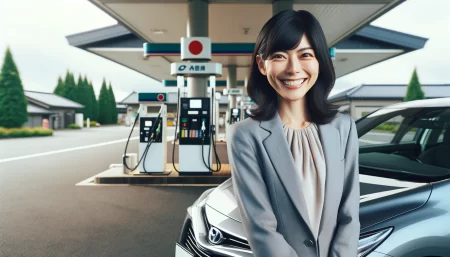 ガソリンスタンドで洗車のやり方を知りたい女性の画像