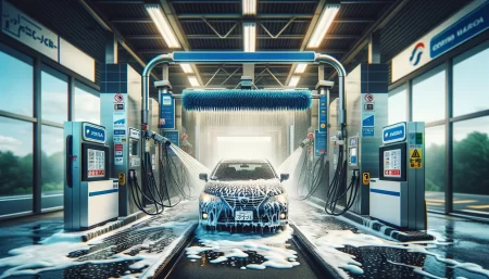 セルフ洗車をガソリンスタンドで行っている画像