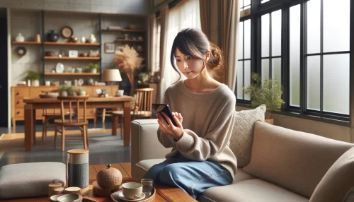 アレルビがAmazonでなぜ安いのかを調べる女性の画像