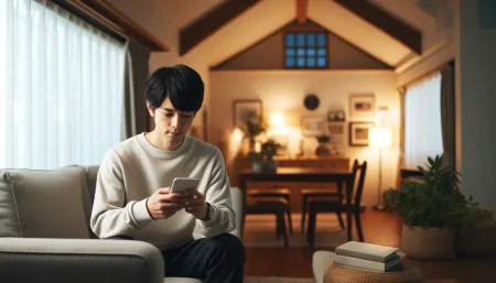 ディアナチュラが安い理由をスマホで検索する男性の画像