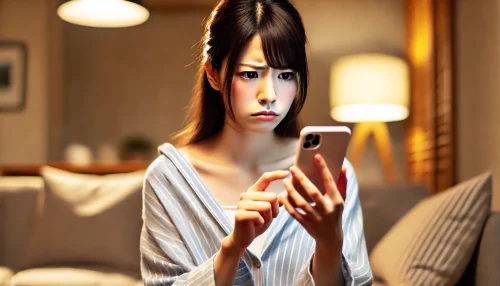 マッチングアプリで1回目で終わる原因を調べる女性の画像