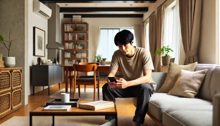プロフィール内容をチェックする男性の画像