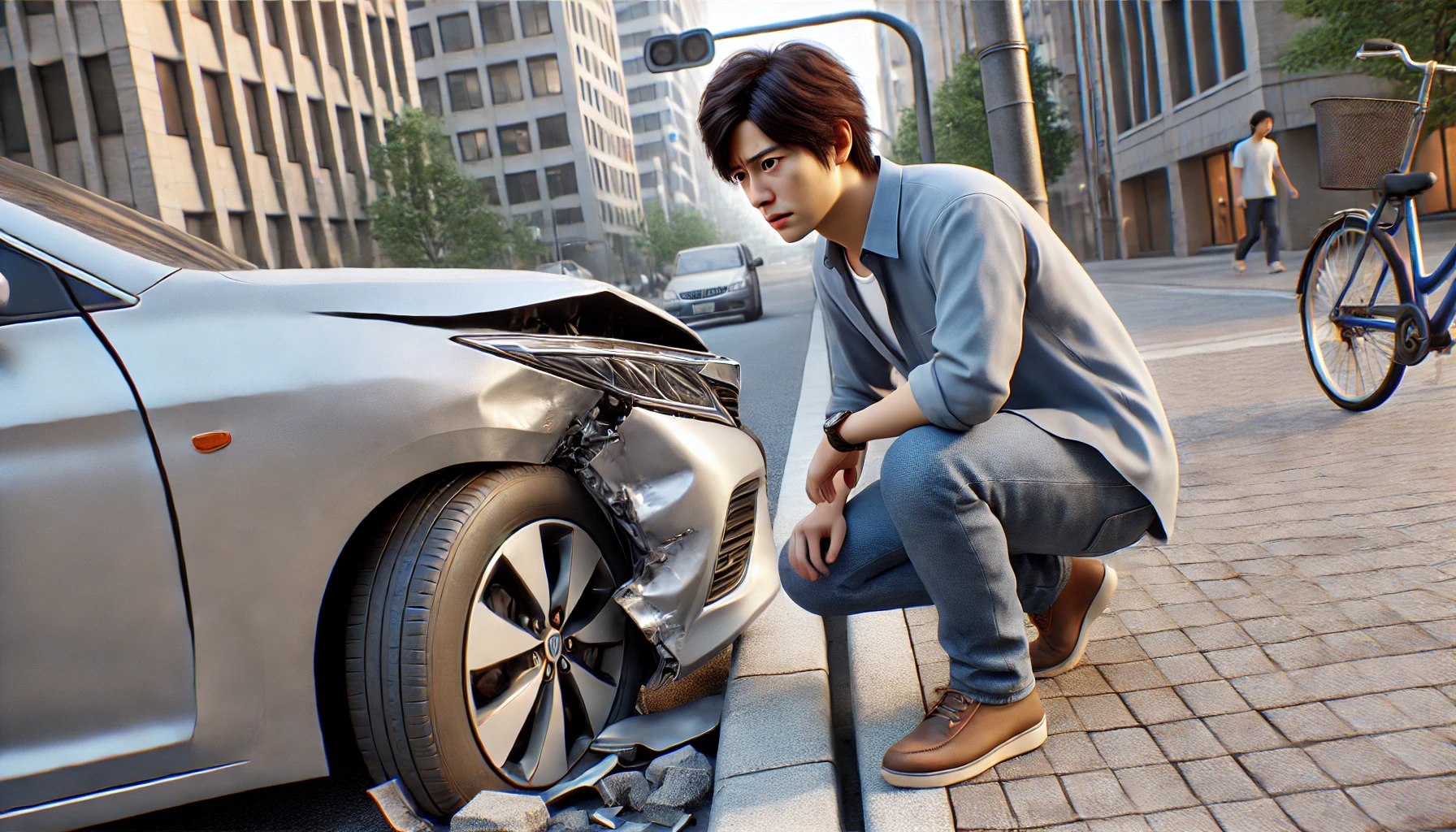 縁石の当て逃げがバレるのかを気にする男性の画像