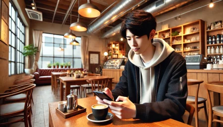 マッチングアプリ写真で男がカフェで自撮りをする画像