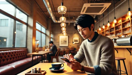 マッチングアプリで男性がカフェで写真を撮っている画像