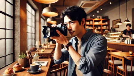 カフェで男性の写真を撮るカメラマンの画像