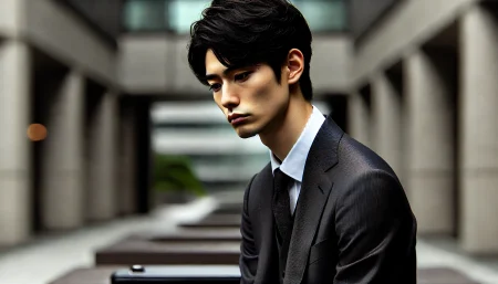 夏に冬用スーツを着ている社会人の画像