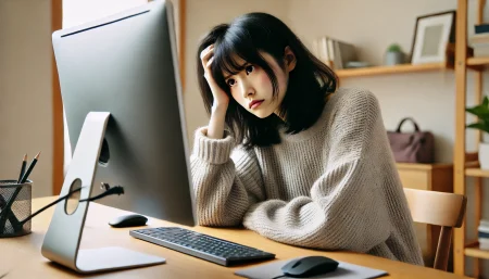 オンライン学科のNG判定に悩む女性の画像