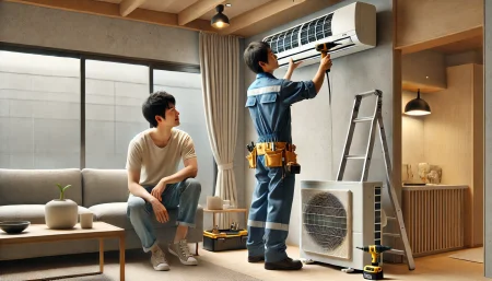 エアコン取り付け工事の立会いをしている人