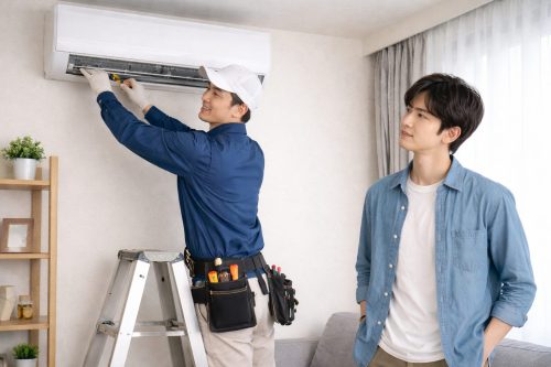 エアコンの取り付け中に 何してるべきかを知りたい男性